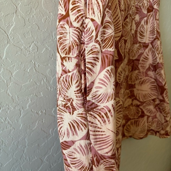 Tahari Pink Leaf Print V-Neck Sleeveless Linen A-Line Dress Pockets Size Small - Picture 9 of 11